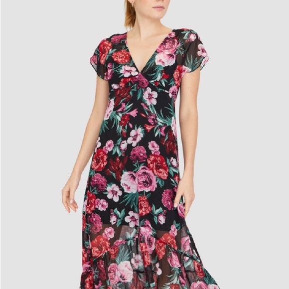 stradivarius Dresses & Skirts - Stradivarius Floral V-Neck Black pink sheer Dress